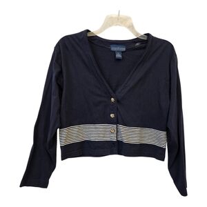 Vtg Herman Geist Cropped Cardigan Womens L Nautical Blue White Stripes Preppy